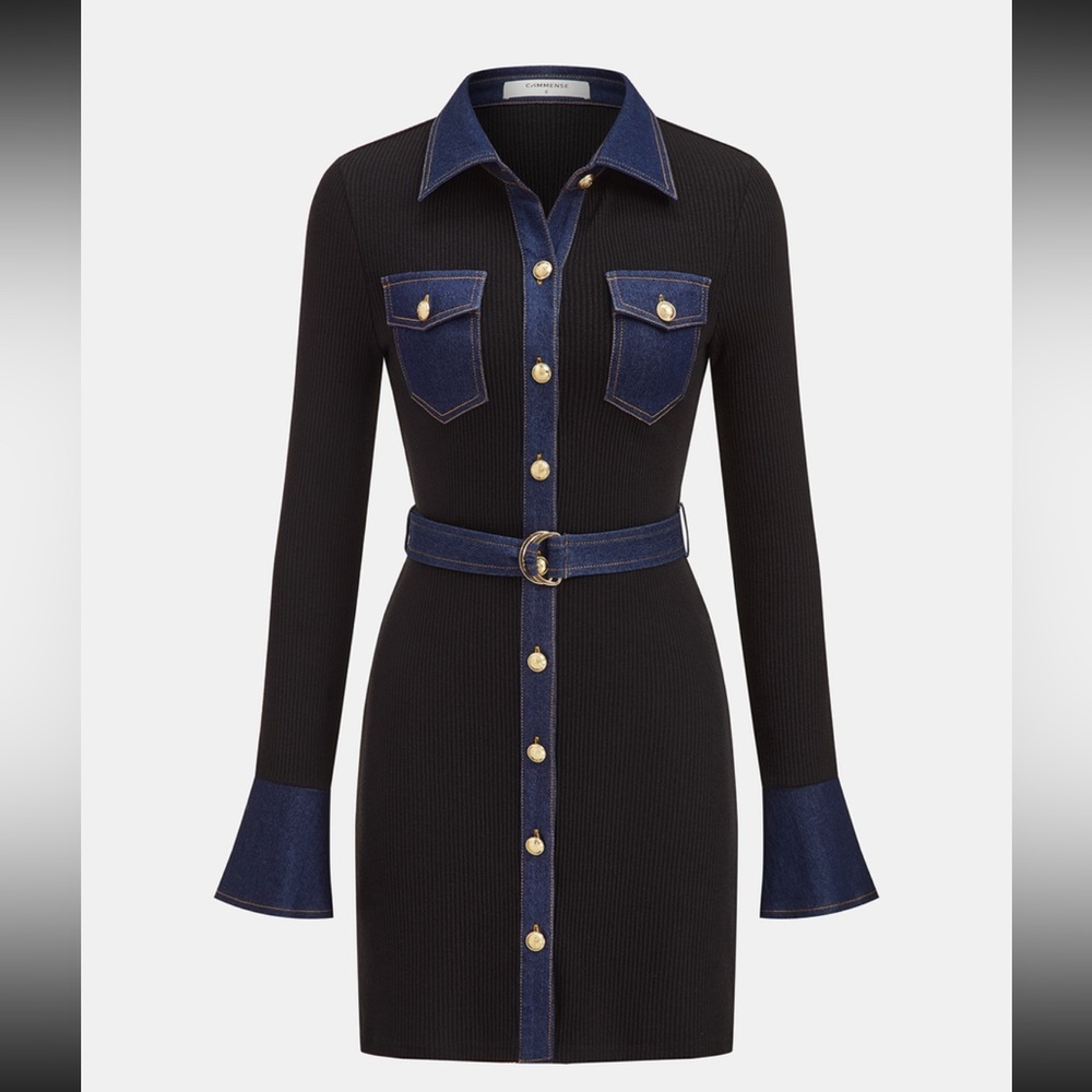 Commense Black Ribbed Knit Shirt Dress with Indigo Denim Trim
